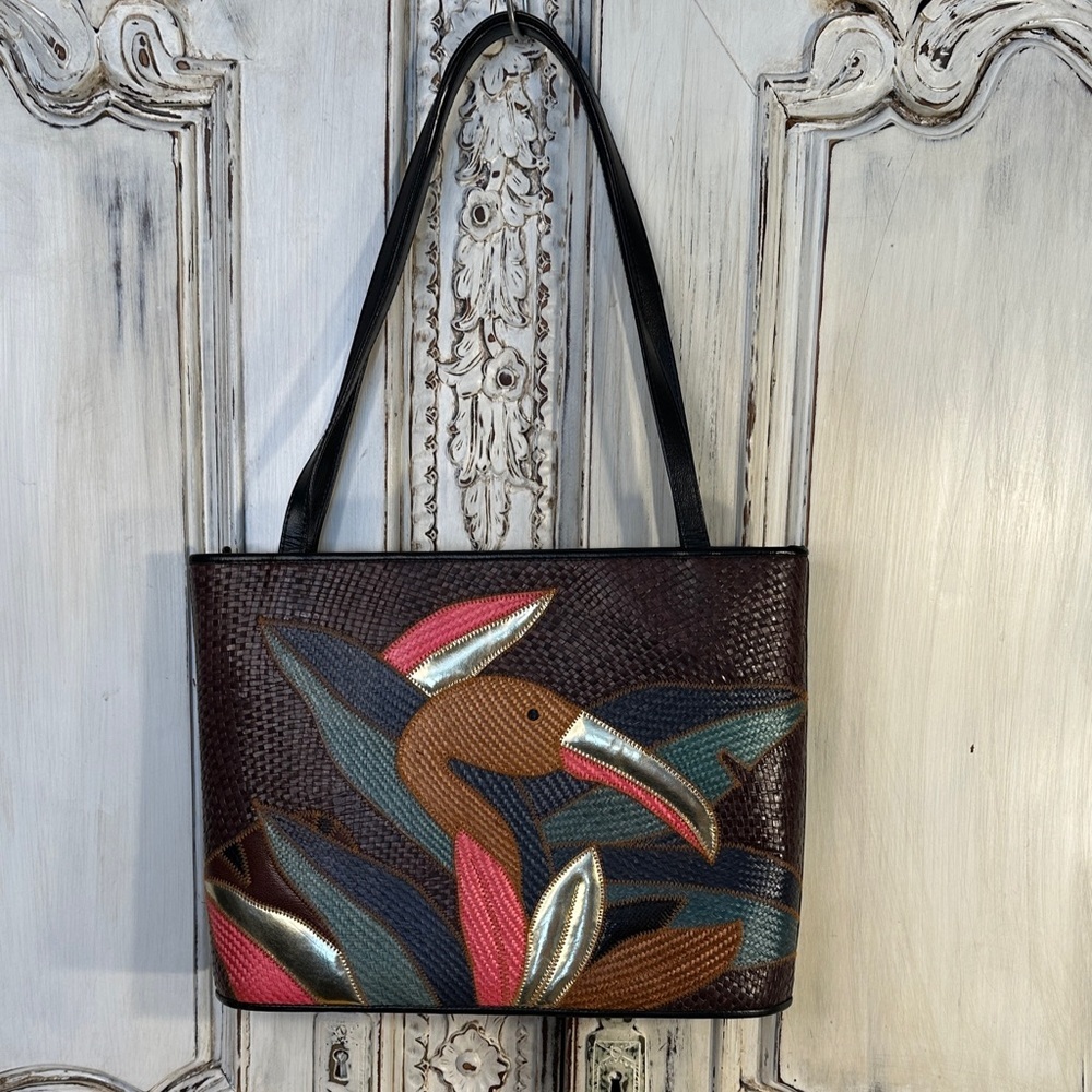 Desenyd Buntal Colorful Straw Designer Women's Tote Bag with Bird Motif